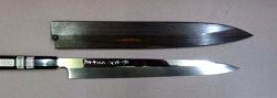 画像4: 本焼青二鋼(水焼) 柳刃（Sashimi　正夫）300mm　黒丹八角水牛柄　鏡面仕上げ(元々)　黒檀鞘ピン付（タケウチ別注）