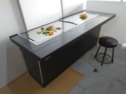 画像1: お好み焼・鉄板焼　カウンター　1800ｘ（700＋パイプ50）ｘ高さ７５０　黒木目　鉄板１枚メインの焼き専