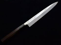 画像1: 本焼青二鋼(水焼) 柳刃（Sashimi　正夫）300mm　黒丹八角水牛柄　鏡面仕上げ(元々)　黒檀鞘ピン付（タケウチ別注）