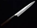 画像: 本焼青二鋼(水焼) 柳刃（Sashimi　正夫）300mm　黒丹八角水牛柄　鏡面仕上げ(元々)　黒檀鞘ピン付（タケウチ別注）