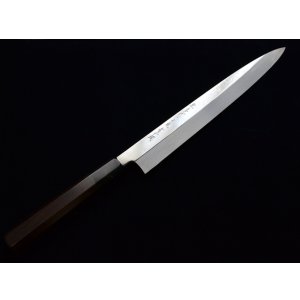 画像: 本焼青二鋼(水焼) 柳刃（Sashimi　正夫）300mm　黒丹八角水牛柄　鏡面仕上げ(元々)　黒檀鞘ピン付（タケウチ別注）