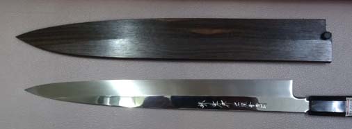 画像: 本焼青二鋼(水焼) 柳刃（Sashimi　正夫）300mm　黒丹八角水牛柄　鏡面仕上げ(元々)　黒檀鞘ピン付（タケウチ別注）
