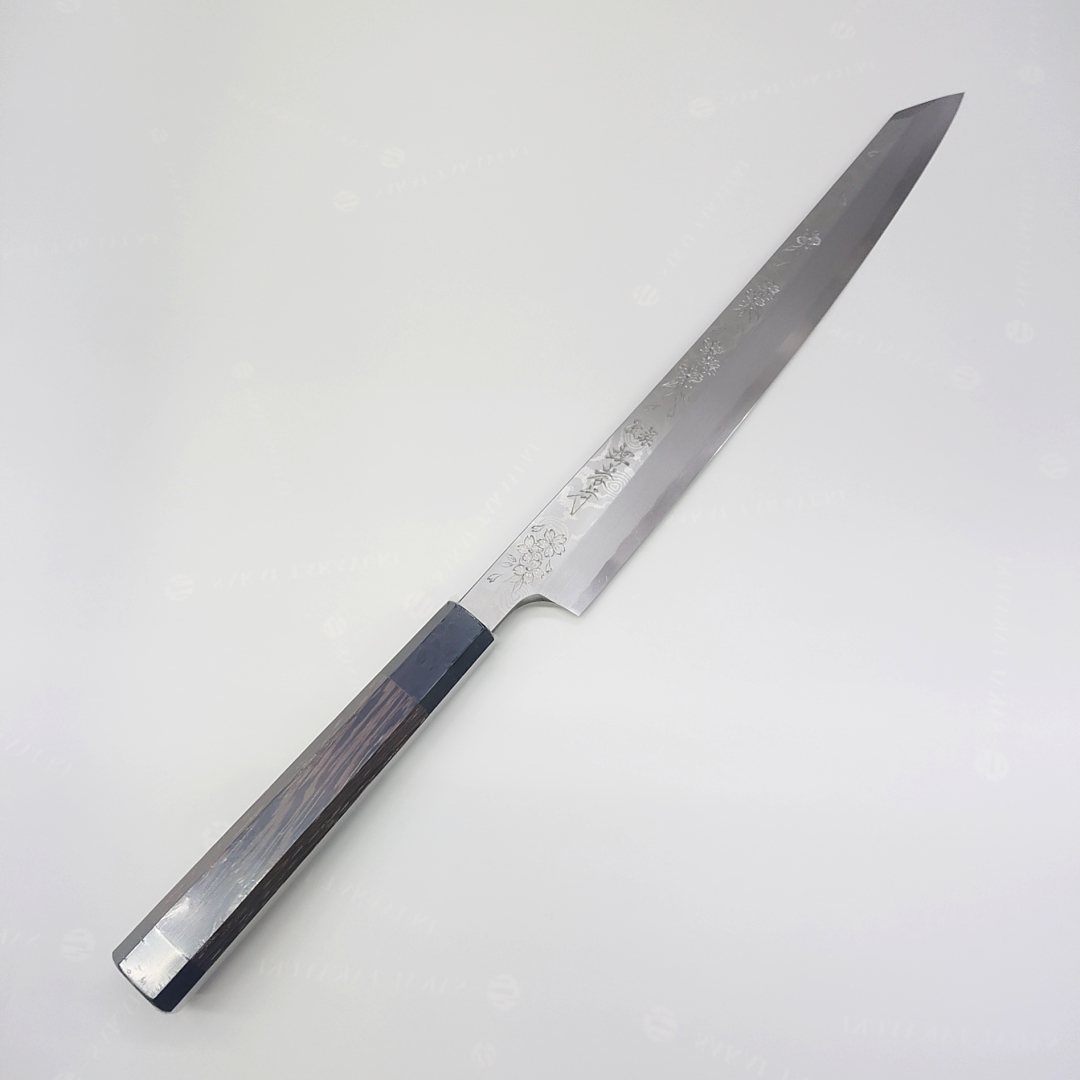 画像2: 堺孝行 飛燕 片刃 銀三鋼墨流 花吹雪 塗り鞘ピン付き 300mm 窪田彫刻 タケウチ別注品 ダマスカス レア ステンレス系 サビにくい