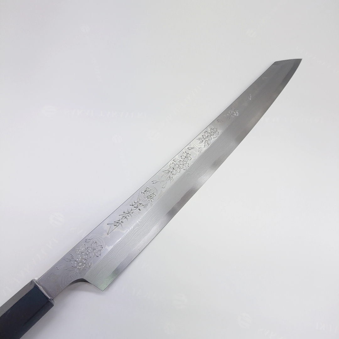 画像1: 堺孝行 飛燕 片刃 銀三鋼墨流 花吹雪 塗り鞘ピン付き 300mm 窪田彫刻 タケウチ別注品 ダマスカス レア ステンレス系 サビにくい